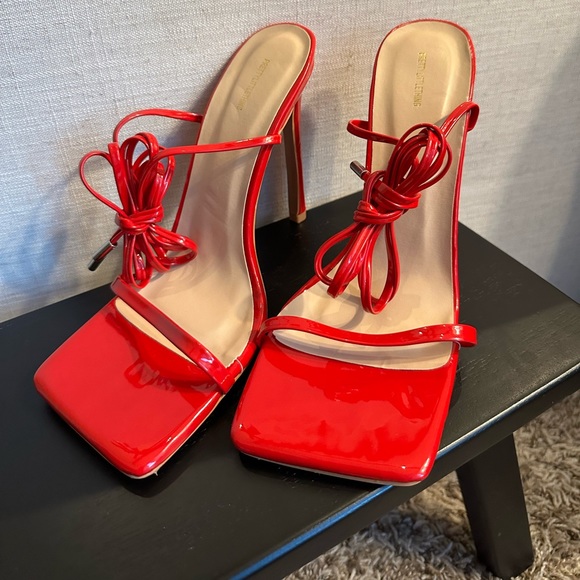 Red Patent Leather Open Toe Strap Heels - Picture 2 of 10